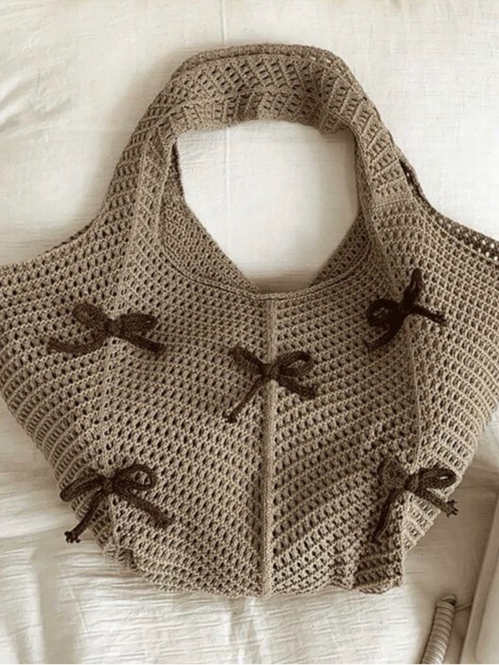 Free People Handwoven Beige Crochet Tote Bag with Bow Accents - Picture 2 of 6